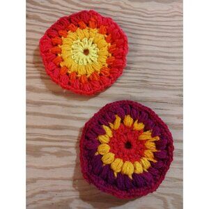Handmade Crochet Coasters Set Of 2 - Vibrant Yellow Orange & Red Design With Fel